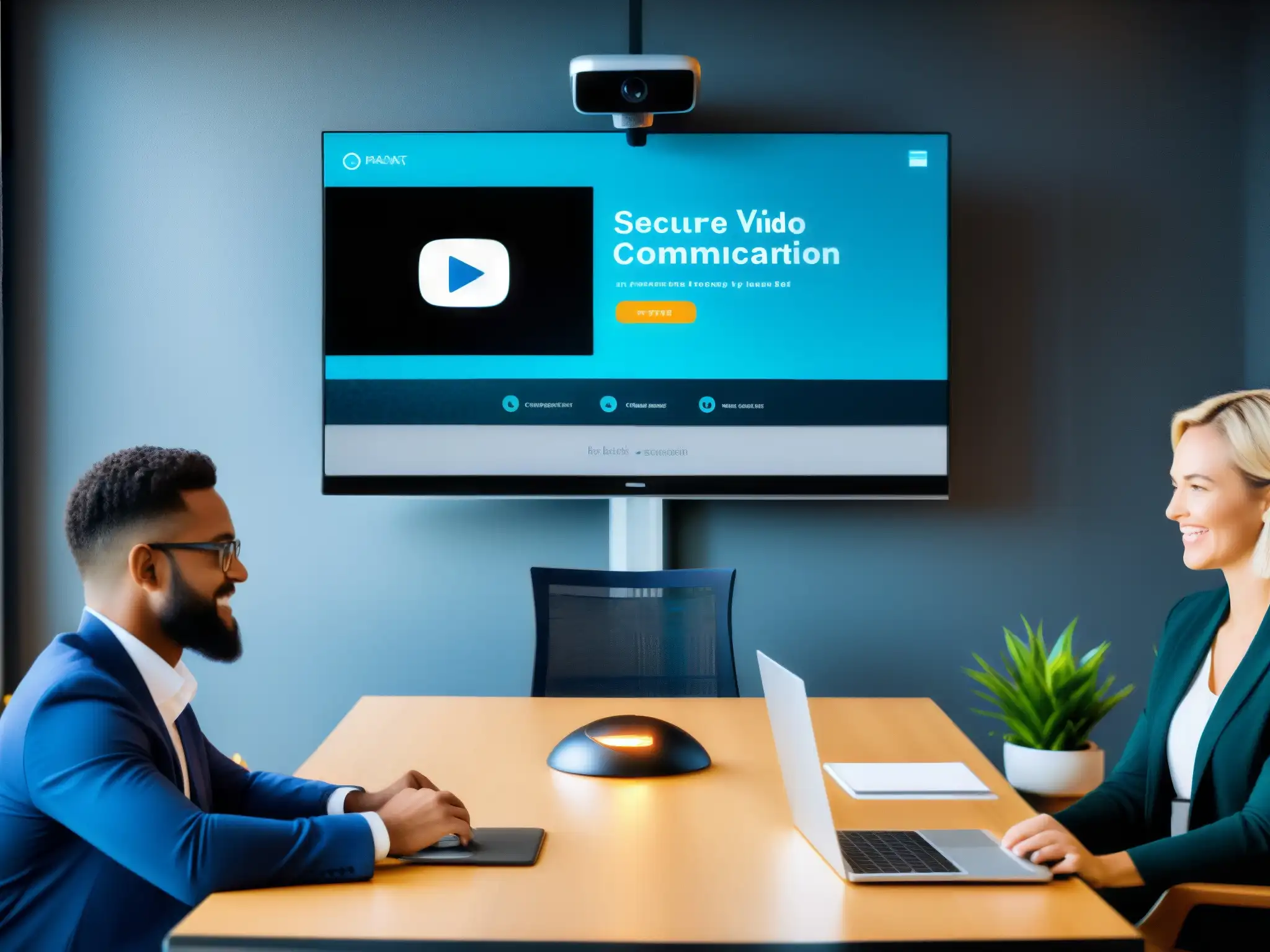 Videoconferencia segura y confiable para educadores Una moderna sala de videoconferencias con protección de privacidad, transmisión segura y estética profesional para estudiantes y educadores