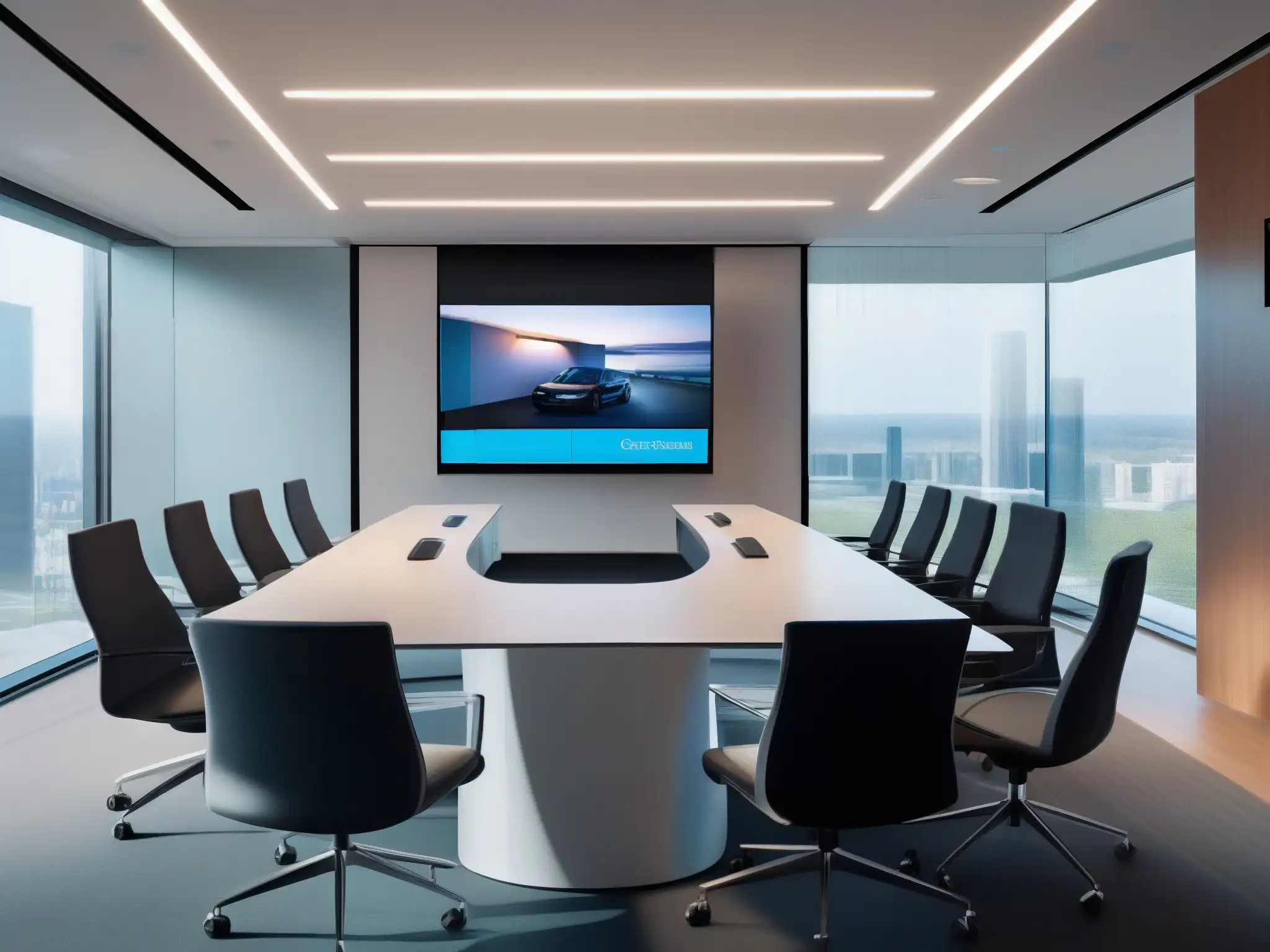 Videollamada profesional en oficina moderna Una moderna sala de videoconferencias profesionales con tecnología de vanguardia, en un entorno profesional iluminado por la luz natural