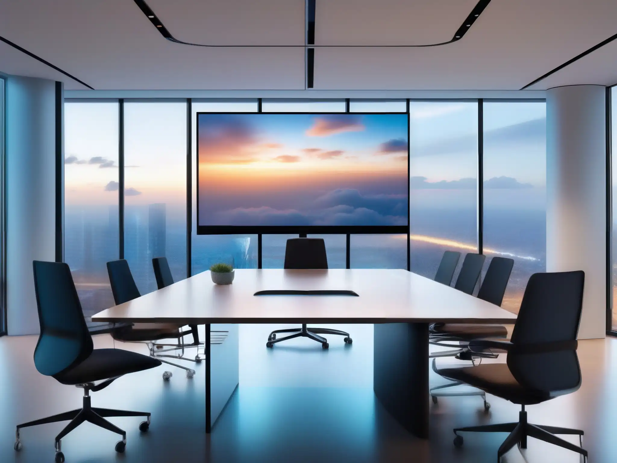 Oficina moderna con tecnología de videoconferencia y almacenamiento en la nube Moderna sala de videoconferencias con soluciones de almacenamiento en la nube, iluminada por luz natural