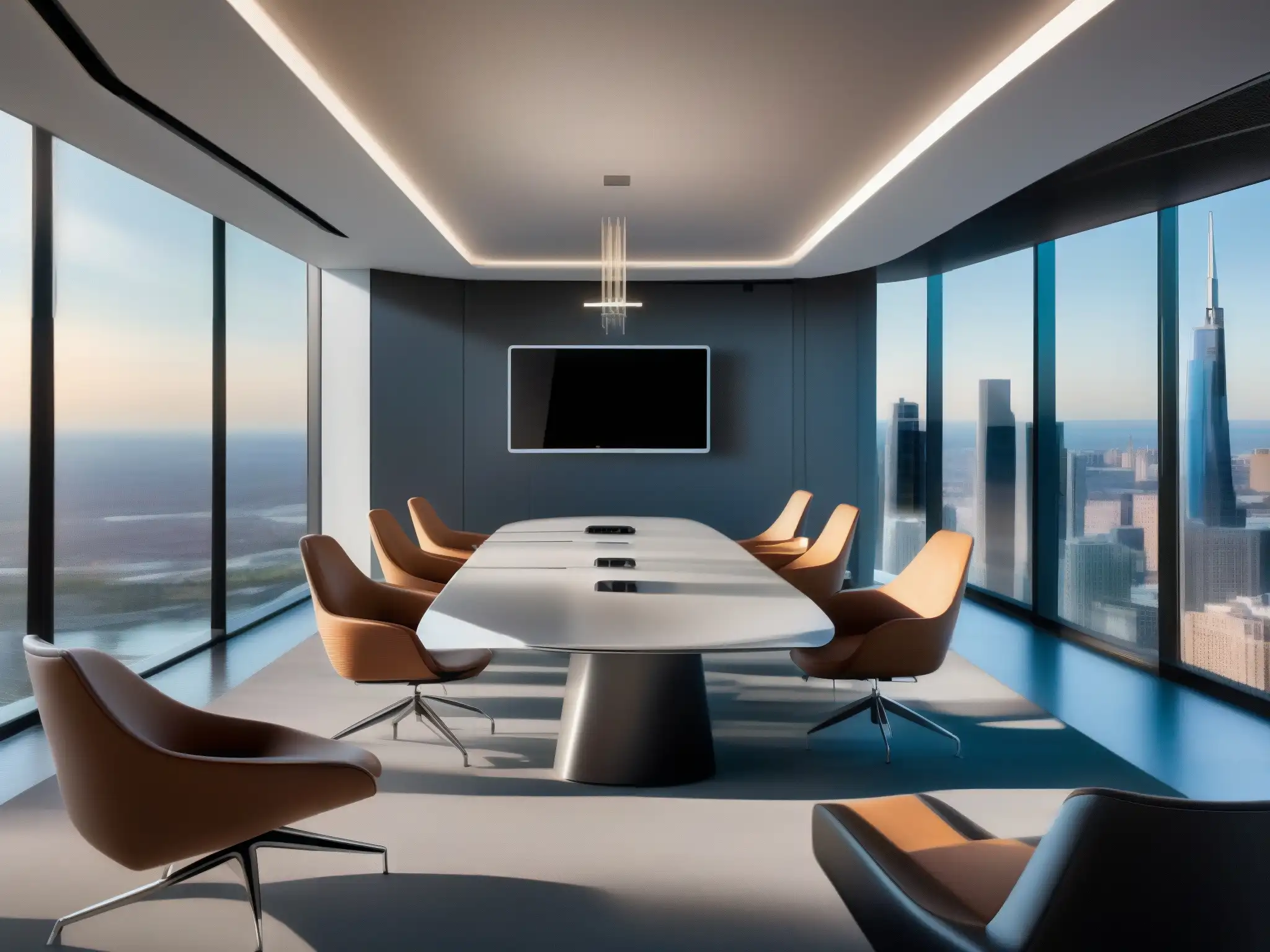 Sala de videoconferencias futurista y profesional con tecnología de vanguardia y vista panorámica Moderna sala de videoconferencias con tecnología de vanguardia, elegante diseño y seguridad cibernética en videoconferencias profesionales