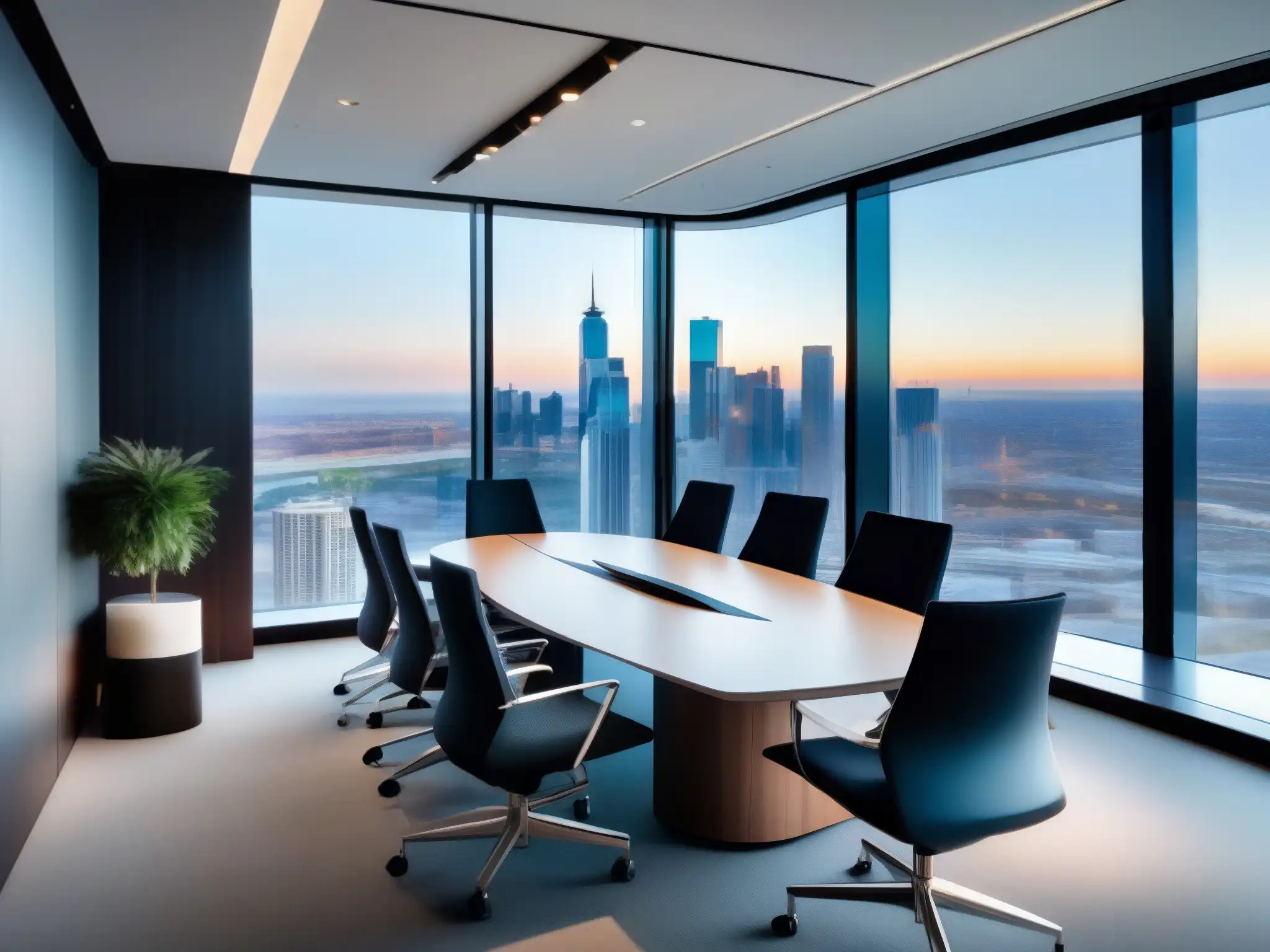 Sala de videoconferencias de lujo con vistas panorámicas Moderna sala de videoconferencias con tecnología de vanguardia y vistas a la ciudad