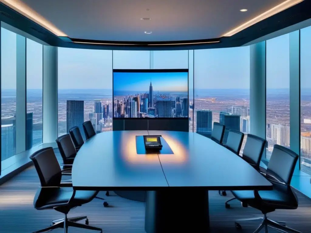 Sala de videoconferencias con vista panorámica y tecnología de vanguardia Moderna sala de videoconferencias con tecnología de vanguardia y vista panorámica a la ciudad