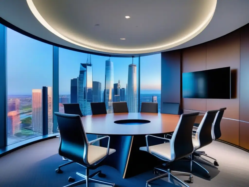 Sala de videoconferencias de lujo con vista panorámica a la ciudad Moderna sala de videoconferencias con tecnología de vanguardia y vista panorámica de la ciudad