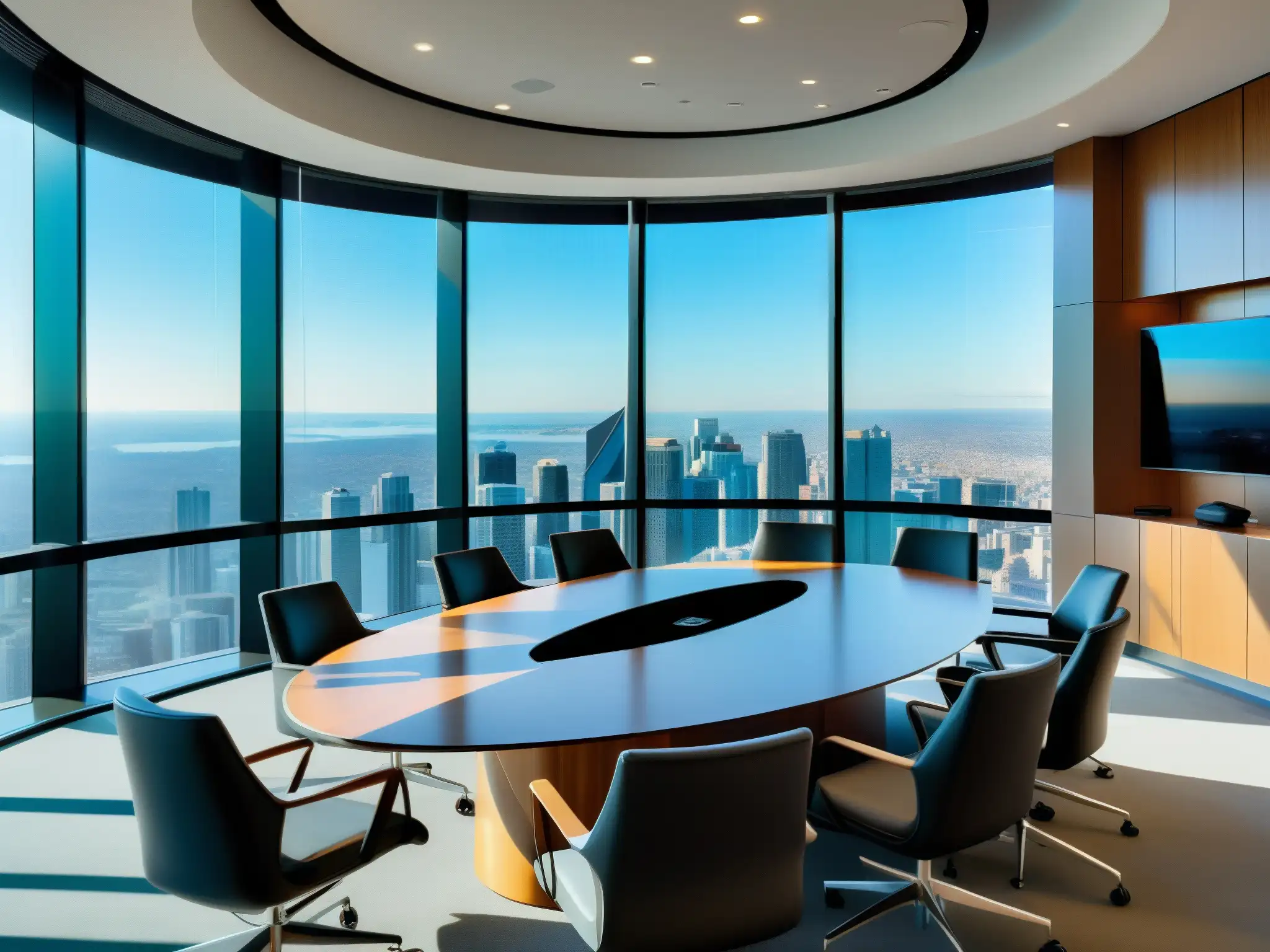 Sala de videoconferencias con vistas urbanas impresionantes Una moderna sala de videoconferencias con vistas a la ciudad