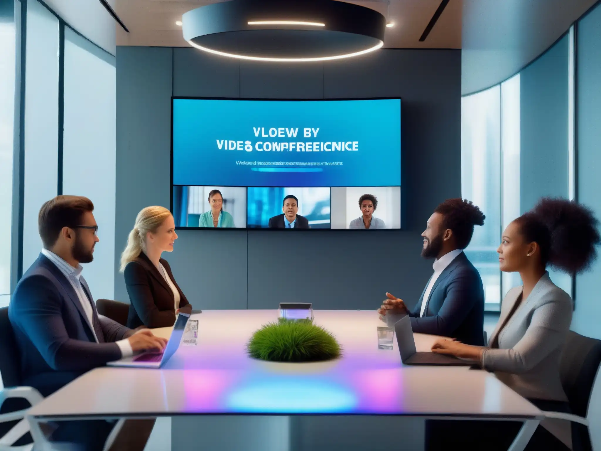 Conferencia Virtual de Alta Tecnología: Comunicación Inteligente en Acción Transformación en videoconferencias IA: Sala moderna con tecnología futurista, comunicación fluida y colaboración inteligente