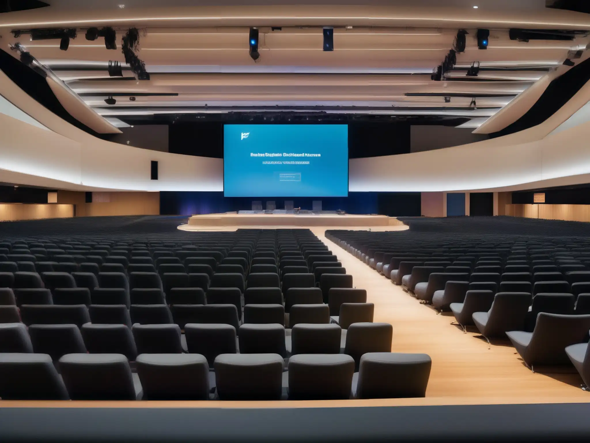 Centro de convenciones futurista con videoconferencias Convención moderna con tendencias videoconferencias eventos masivos, público diverso y energía futurista