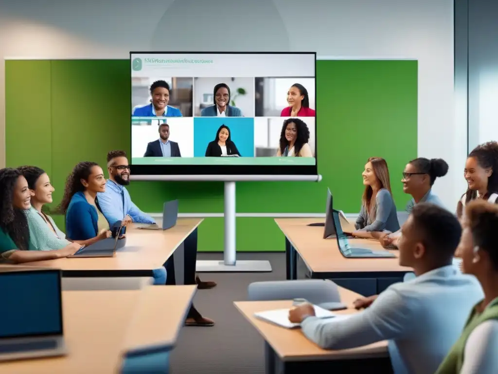 Clase virtual moderna: estudiantes diversos en videoconferencia Una moderna videoconferencia educativa con diversidad e interacción