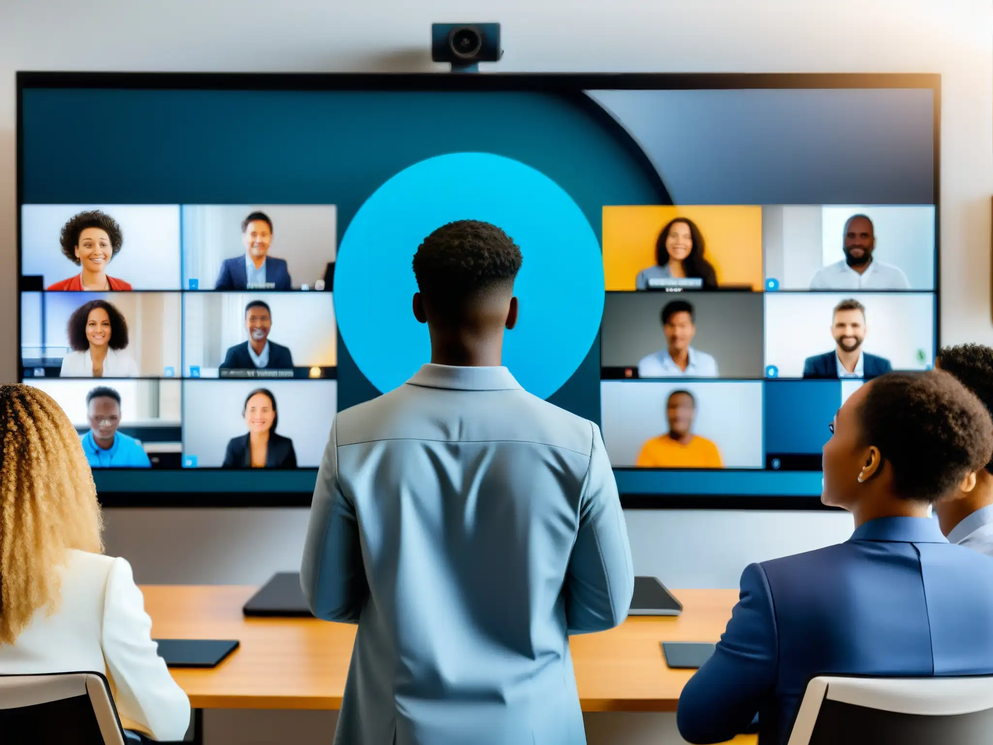 Clase virtual segura e inclusiva con tecnología moderna Una moderna videoconferencia educativa con protocolos de seguridad visibles, promoviendo la inclusividad y la protección de datos