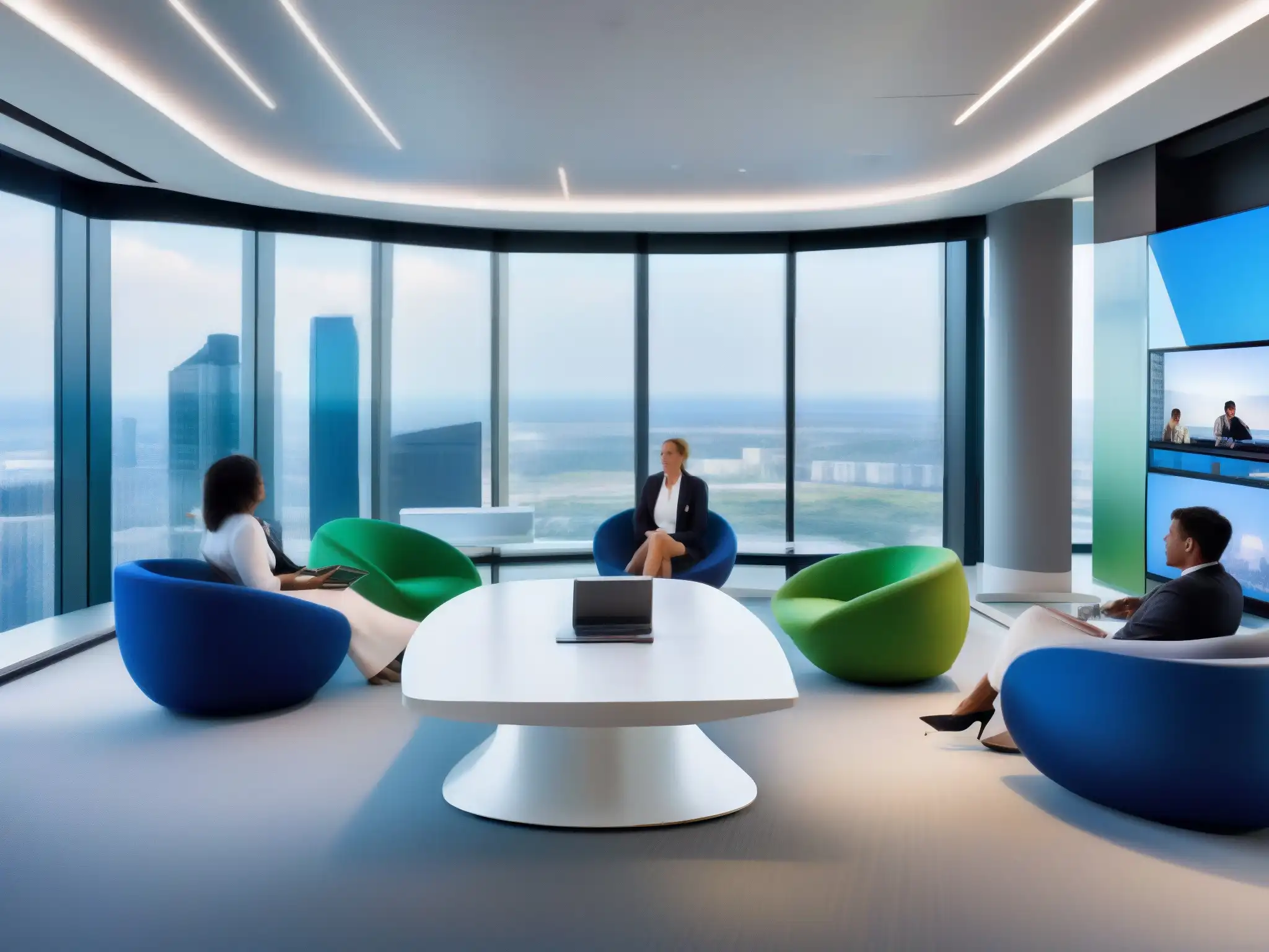 Oficina futurista para videoconferencias Moderna gestión de videoconferencias en un espacio futurista, fomentando la colaboración efectiva de equipos remotos