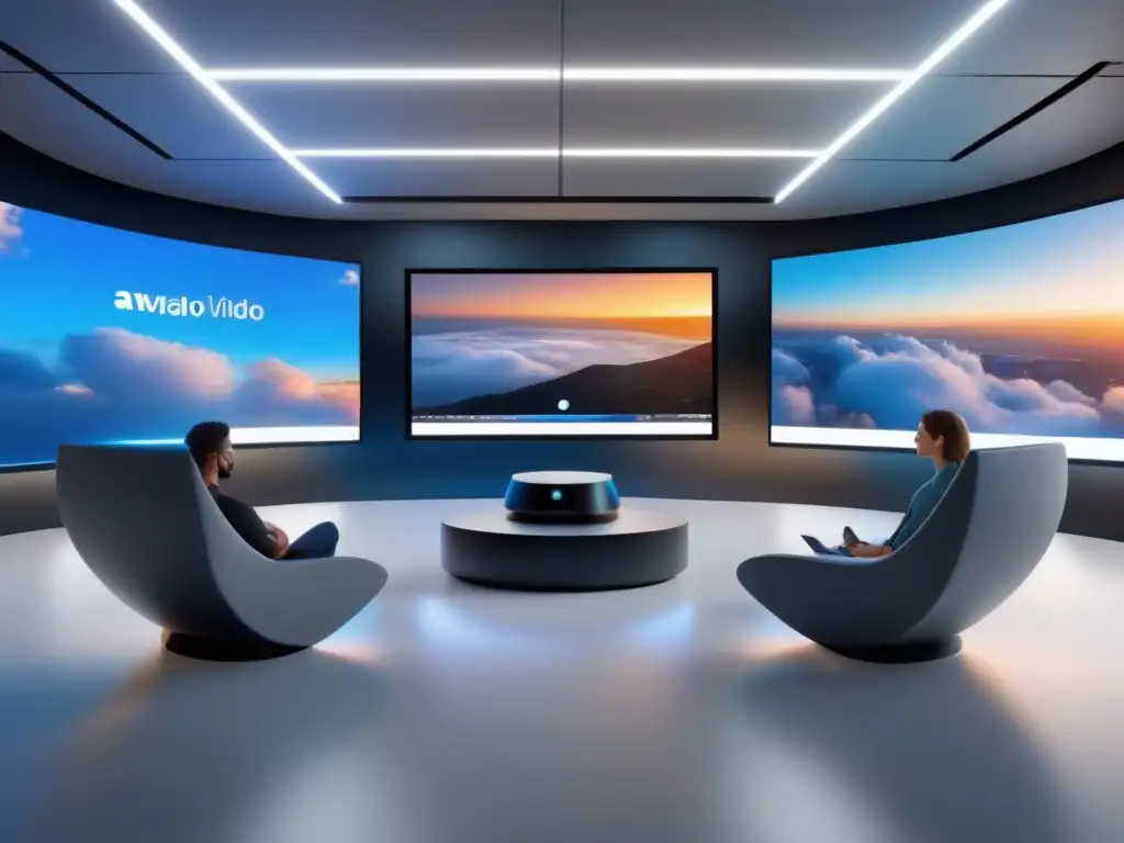 Videoconferencia futurista: AWS, Google Cloud y Azure en 8K Modernas herramientas de videoconferencia en la nube de AWS, Google Cloud y Azure, con diseño futurista y tecnología avanzada en 8K