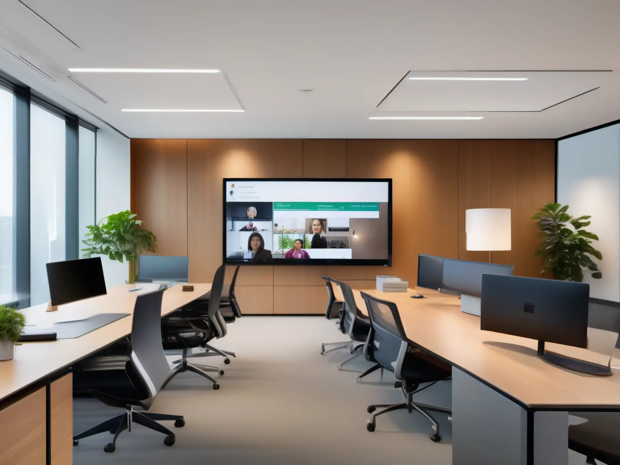 Oficinas modernas con videoconferencias en Zoom y Hangouts Dos modernas oficinas con videoconferencias en Zoom y Hangouts