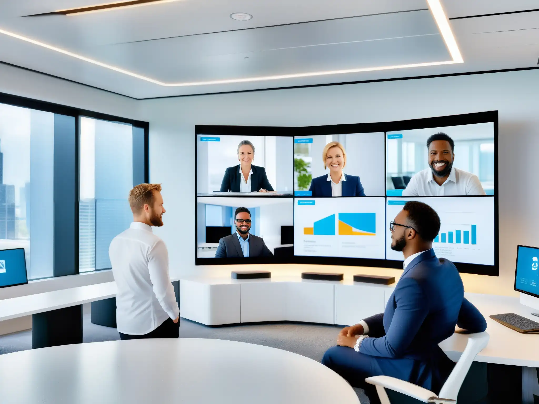 Sala de videoconferencias moderna: soporte técnico automatizado Modernas videoconferencias muestran la eficiencia y profesionalismo de la automatización en soporte técnico