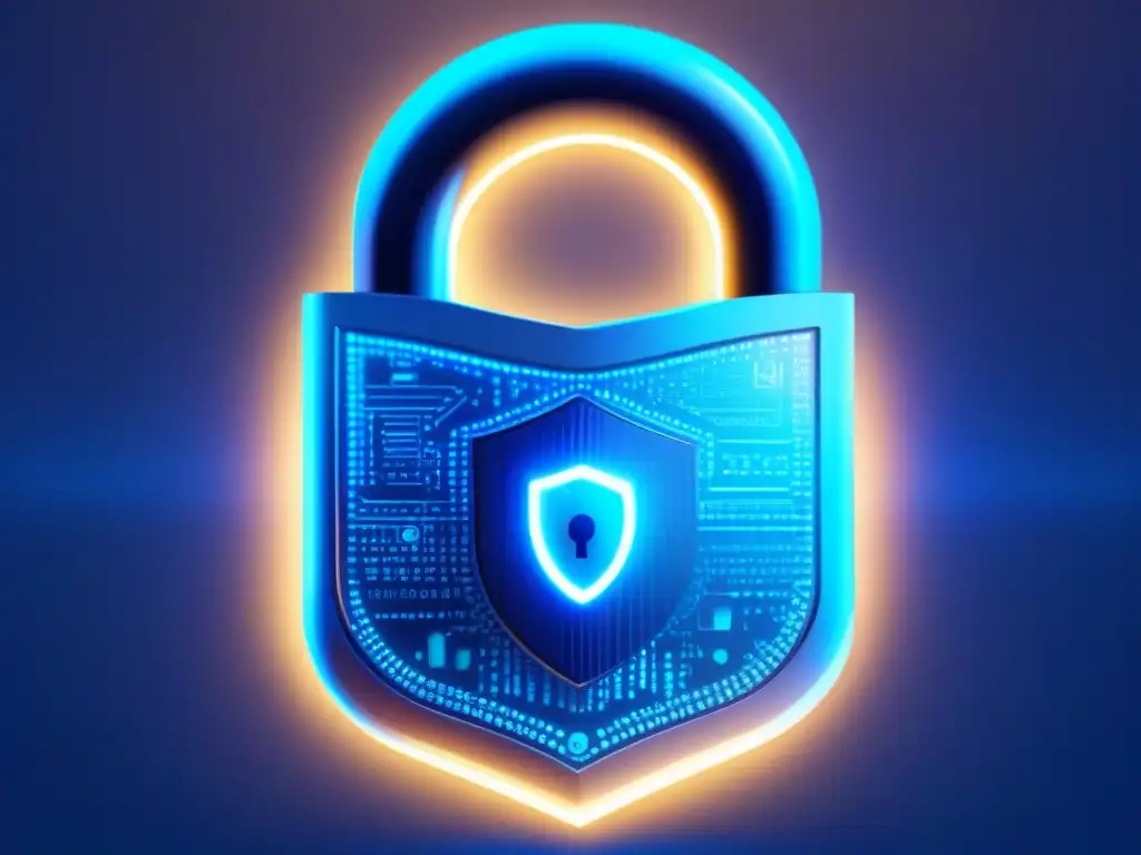 Padlock cibernético: detallado diseño futurista Un moderno candado digital con patrones de circuitos, rodeado de símbolos tecnológicos y código binario, emitiendo una suave luz azul