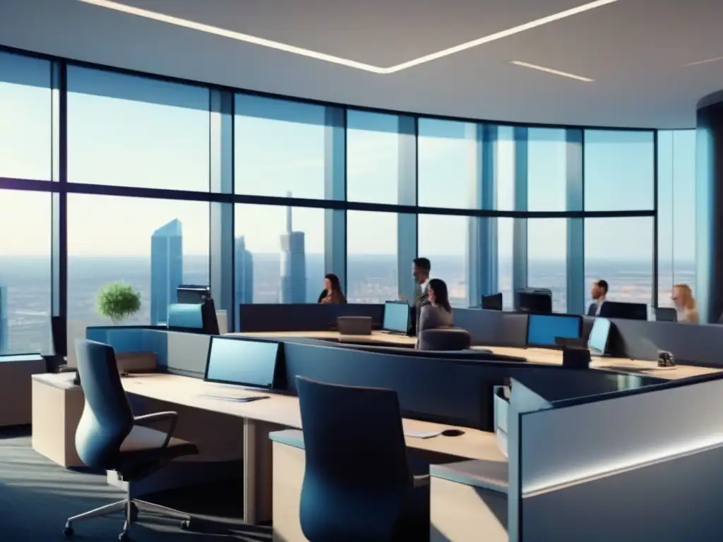 Centro de llamadas futurista con videoconferencias de vanguardia Moderno centro de llamadas con tendencias en herramientas de videoconferencias para atención al cliente en un ambiente dinámico y profesional
