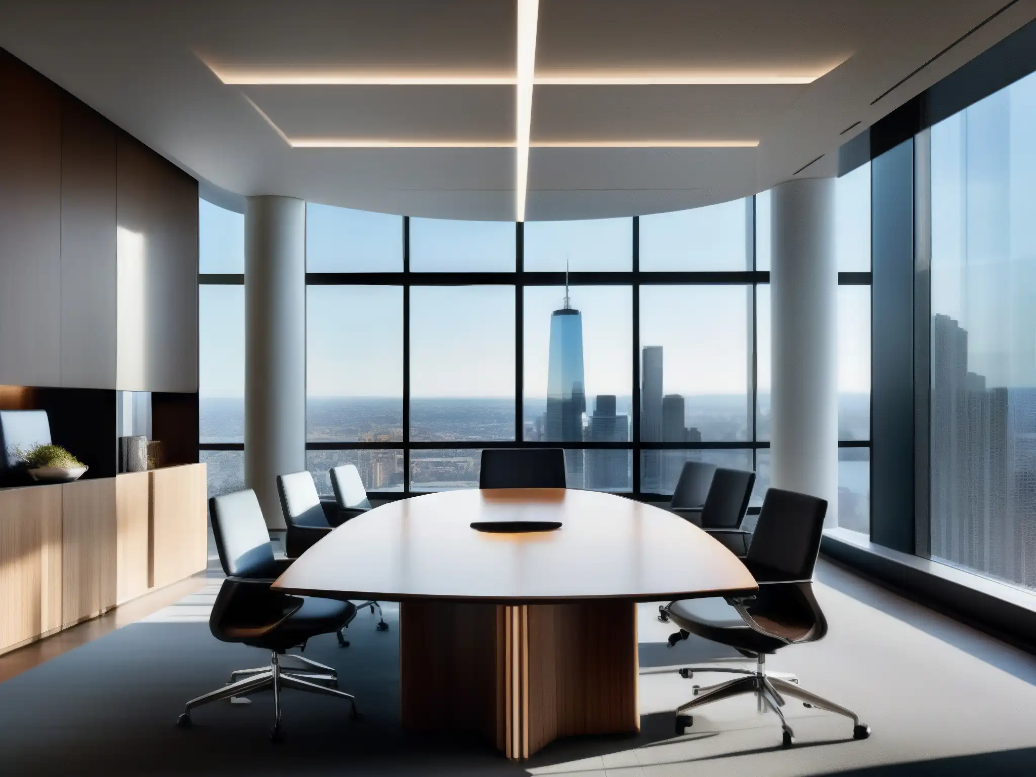 Oficina moderna con vista panorámica para videoconferencias Moderno salón de conferencias con vista a la ciudad, bañado en luz natural