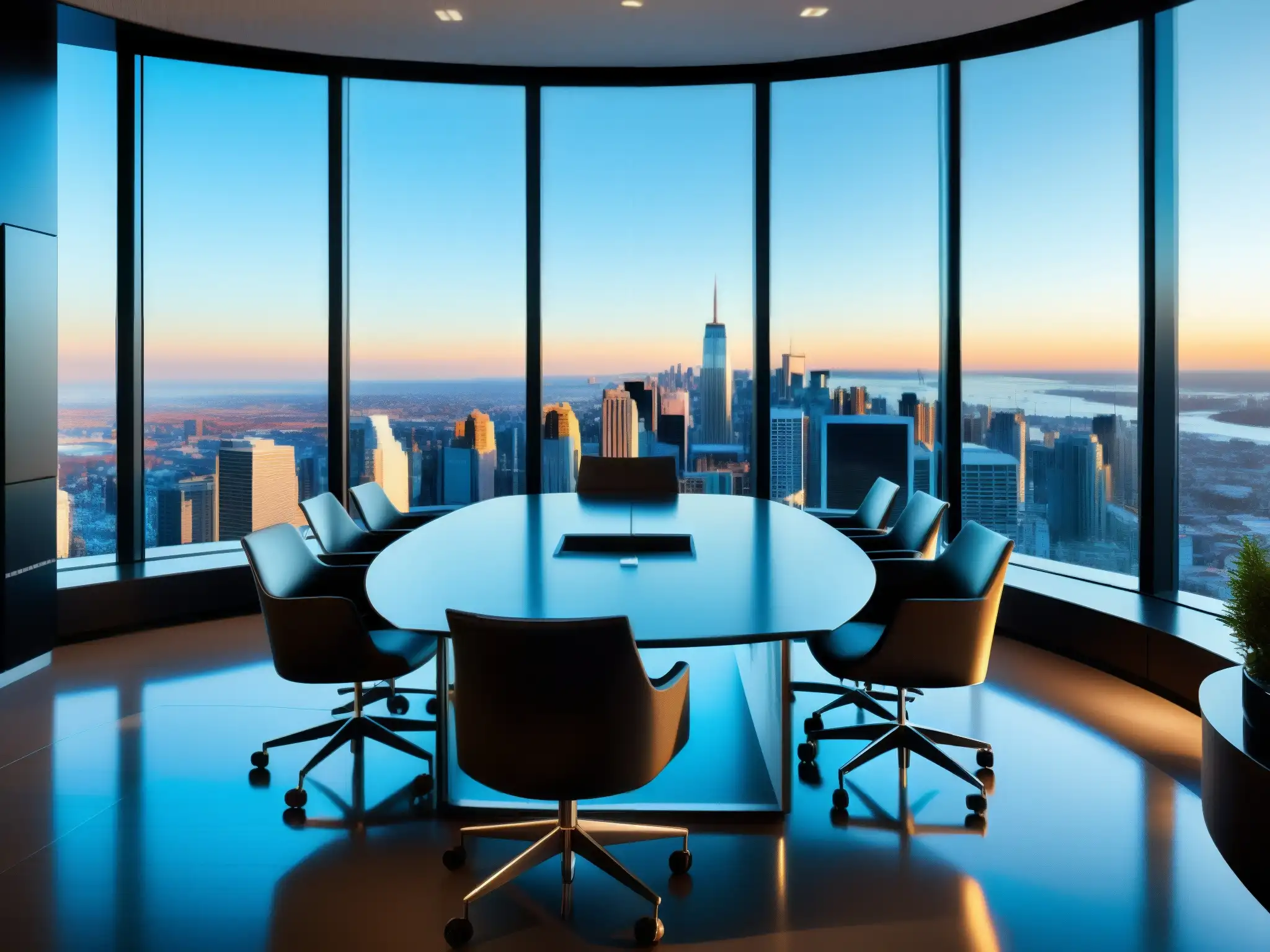 Oficina moderna con videoconferencias inspiradoras Un moderno y elegante salón de conferencias con vista a la ciudad