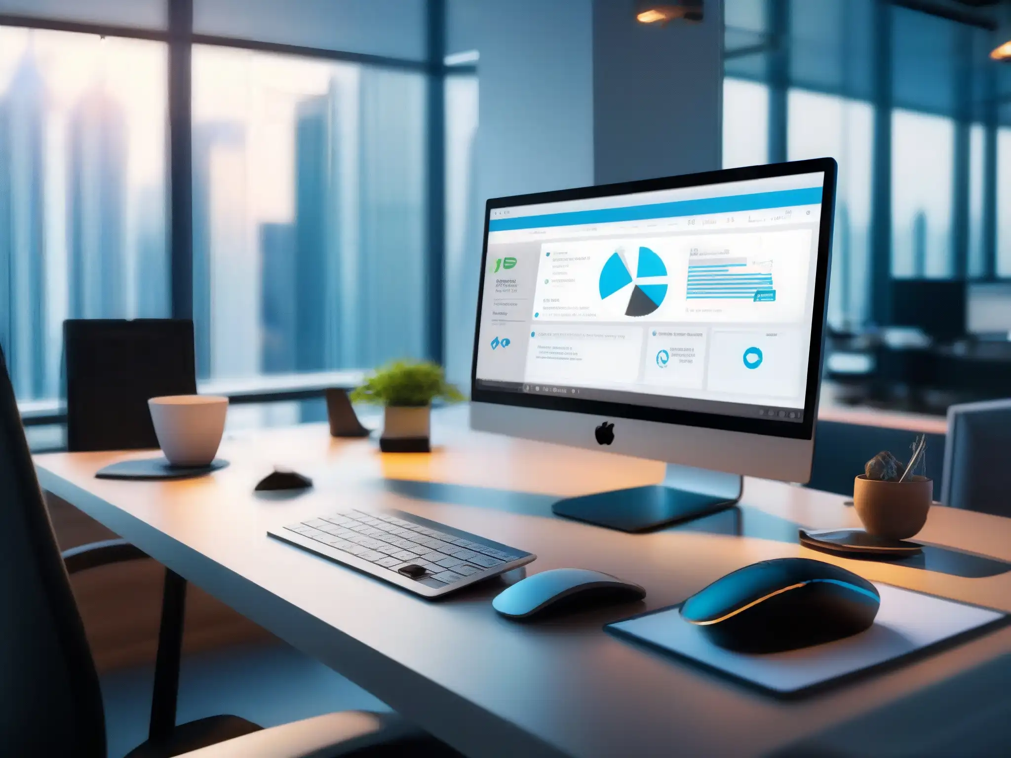 Oficina moderna con video llamada y CRM Un moderno escritorio de oficina con Skype y CRM, donde se gestiona la automatización de ventas