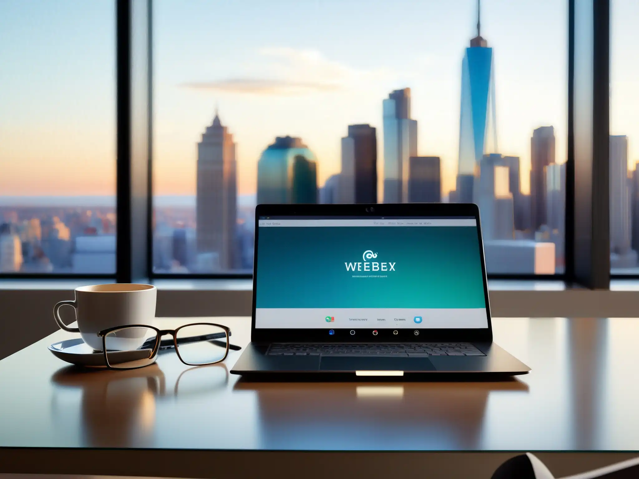 Oficina moderna con Cisco Webex: Eficiencia y productividad Un moderno escritorio de oficina con la interfaz de Cisco Webex en la pantalla, una taza de café, gafas y una vista panorámica de la ciudad