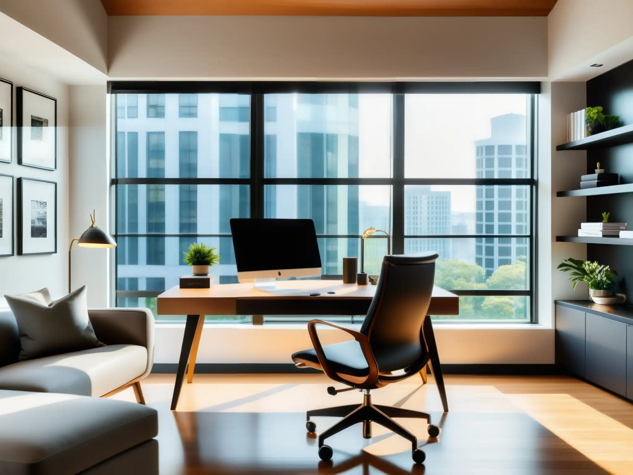 Oficina en casa moderna con luz natural y diseño contemporáneo Un moderno espacio de oficina en casa para videoconferencias para el teletrabajo, con diseño contemporáneo y líneas limpias, iluminado por luz natural