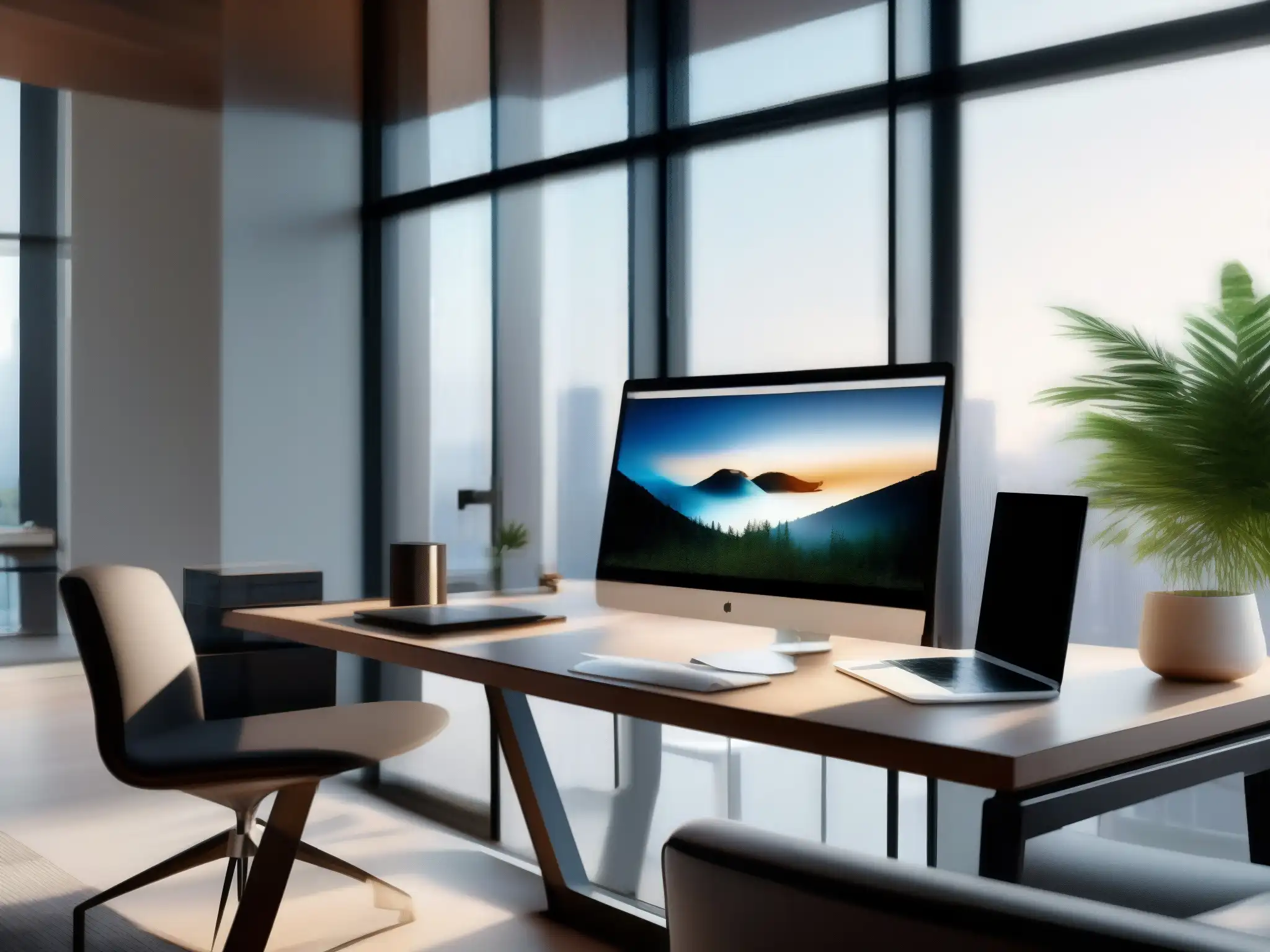 Oficina en casa minimalista y profesional para freelancers Un moderno espacio de oficina en casa con escritorio minimalista, laptop de alta gama y sistema de videoconferencias