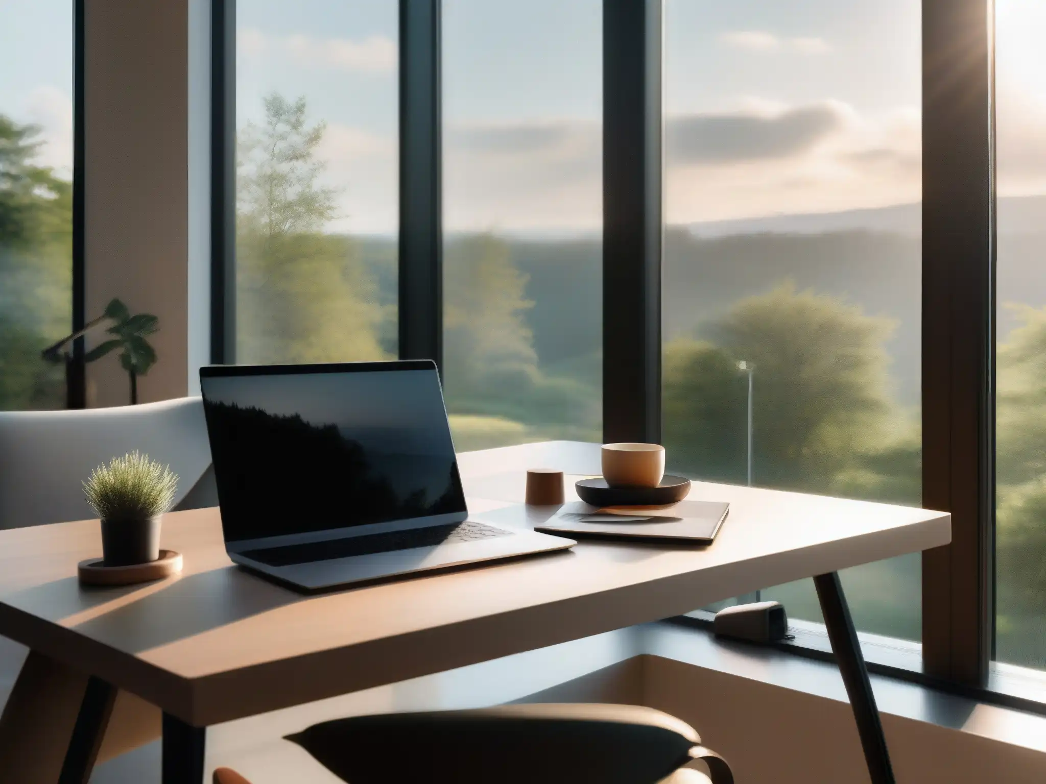 Oficina en casa con vista panorámica y ambiente acogedor Moderno espacio de trabajo en casa con vistas a la naturaleza, ideal para videoconferencias y trabajo remoto