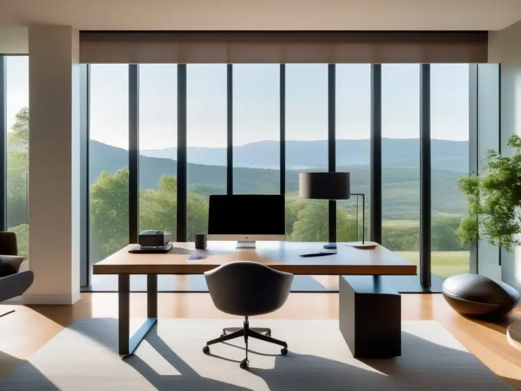 Oficina moderna en casa con vistas serenas Moderno espacio de trabajo en casa con estrategias de equilibrio vida personal y videoconferencias, luminoso y armonioso