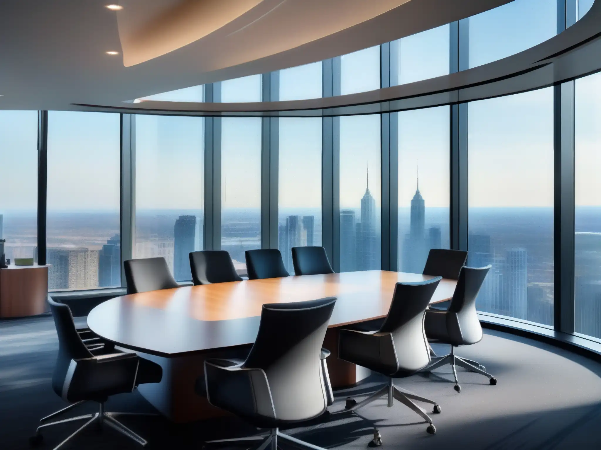 Moderna sala de juntas con vista panorámica y tecnología de vanguardia Un moderno y espacioso salón de juntas con tecnología de videoconferencia corporativa del 2023, rodeado de luz natural y vistas a la ciudad