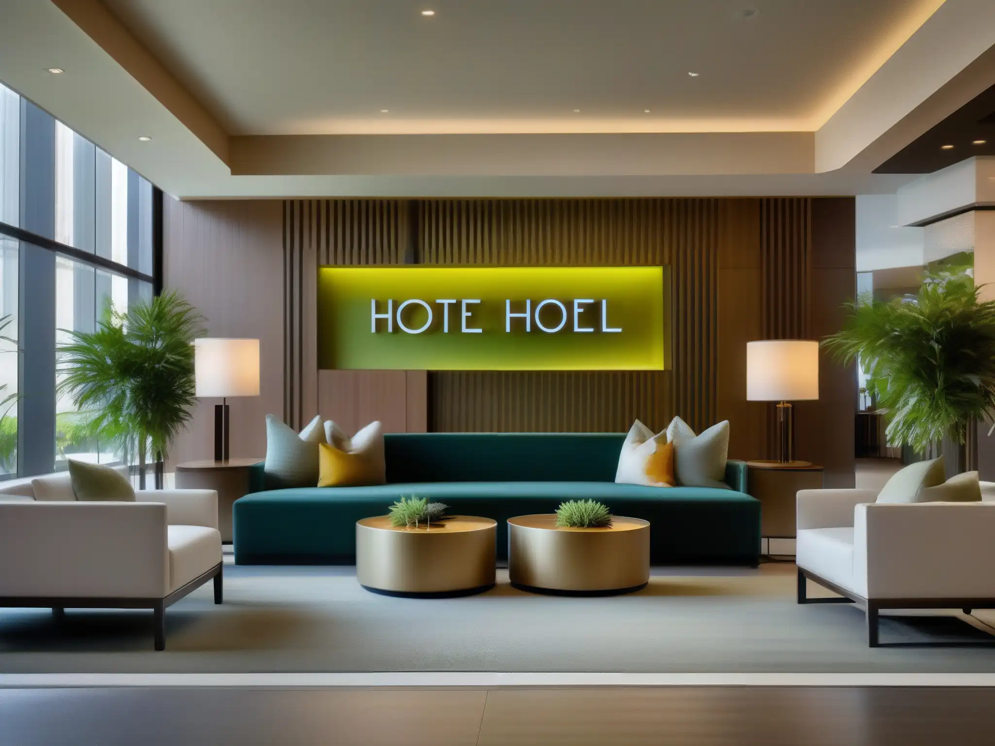Sofisticada integración tecnológica en lobby de hotel de lujo Moderno lobby de hotel con tecnología Lifesize, impacto en hotelería