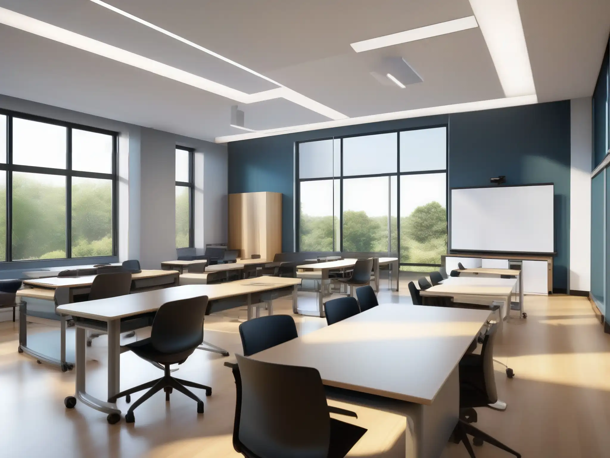 Aula moderna y flexible para experiencias educativas personalizadas Moderno salón de clases con escritorios y sillas ajustables, pizarras digitales y amplias ventanas