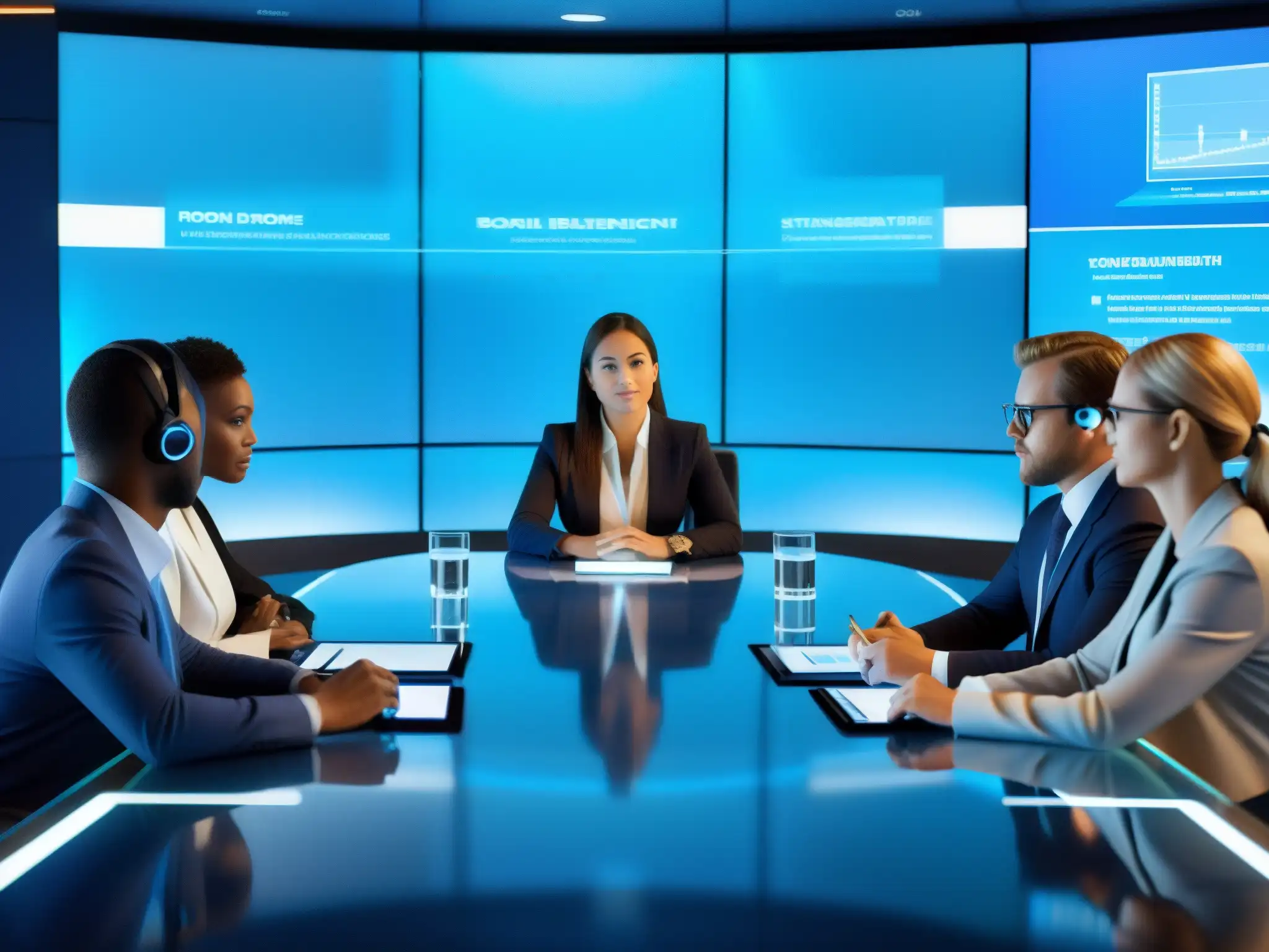 Conferencia virtual de profesionales en boardroom futurista Un moderno salón de videoconferencias futurista con profesionales entusiastas discutiendo ideas