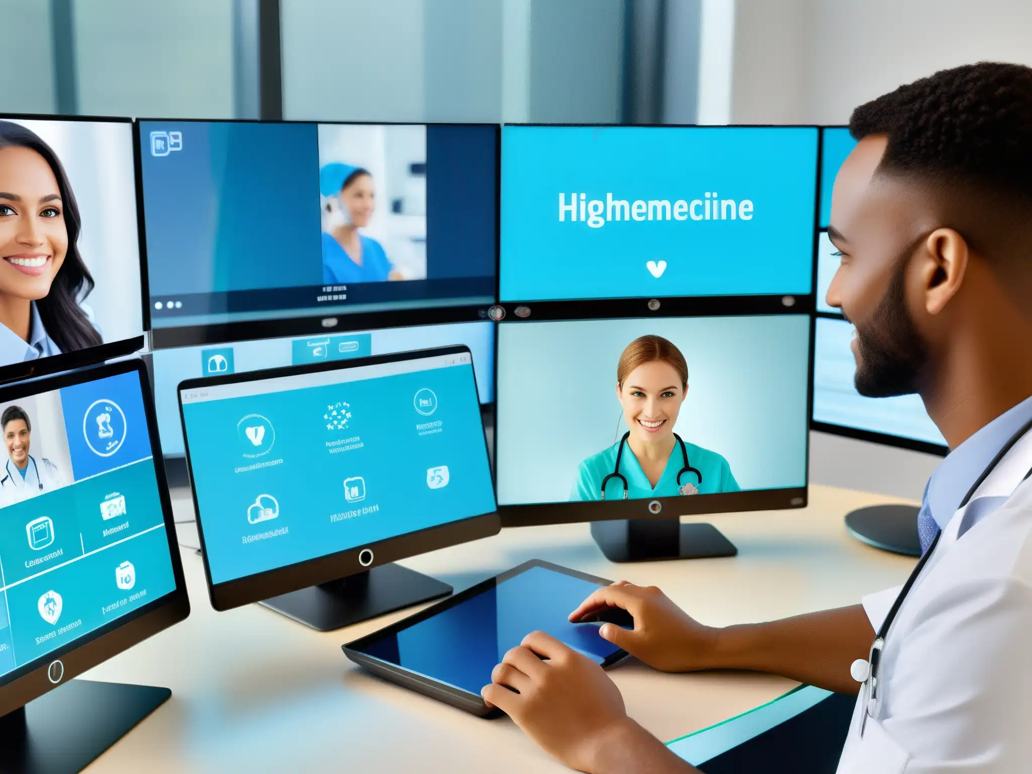 Telemedicina moderna: atención médica de alta calidad en línea Un moderno setup de telemedicina con integraciones clave para videoconferencias