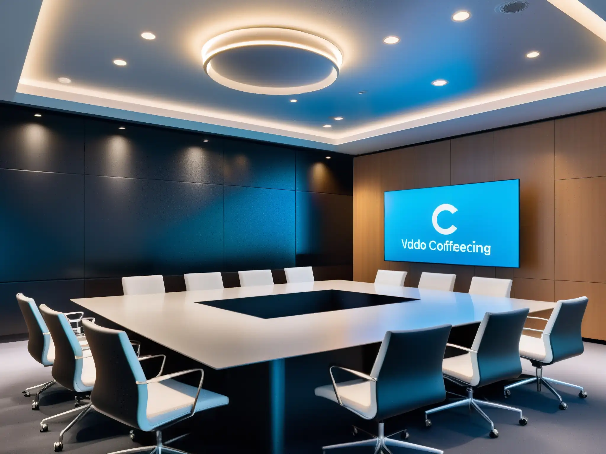 Conferencia de vanguardia: sala profesional con pantalla gigante Moderno setup de videoconferencia para grandes eventos con las mejores herramientas de tecnología