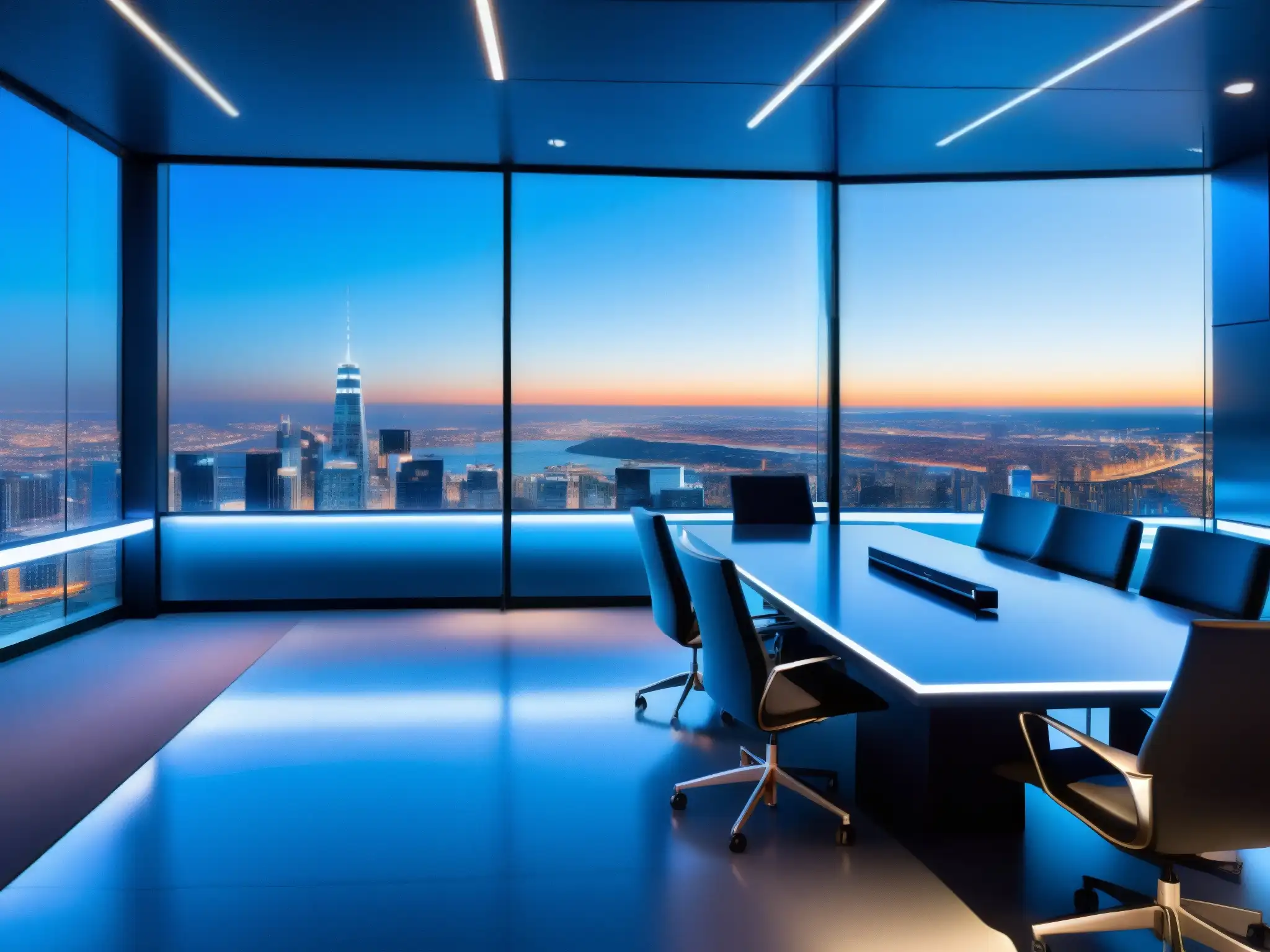 Sala de videoconferencias futurista con vista nocturna de la ciudad Moderno salón de videoconferencias con vista nocturna de la ciudad