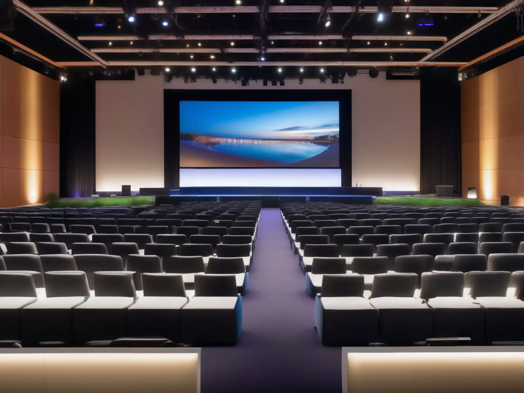 Conferencia profesional en evento masivo con diseño moderno Un montaje de videoconferencia profesional en un gran evento, con diseño moderno y ambiente cálido