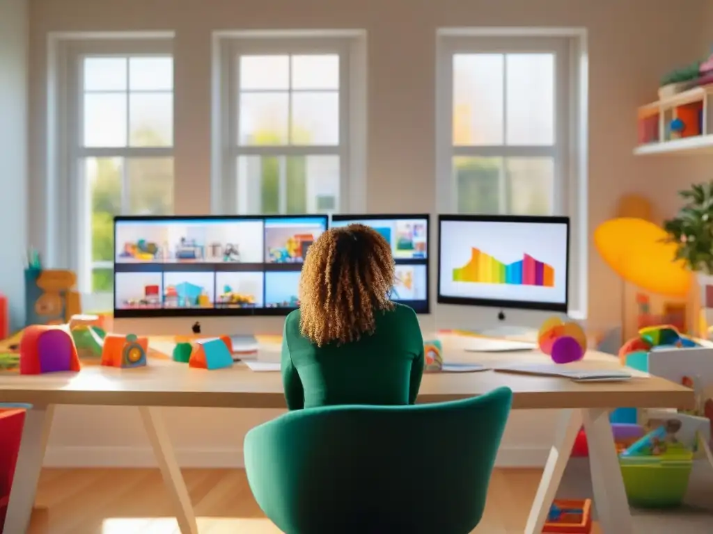 Equilibrio entre trabajo y familia: videoconferencia en hogar luminoso Una mujer trabaja desde casa en un luminoso y colorido espacio, equilibrando teletrabajo con niños en videoconferencias