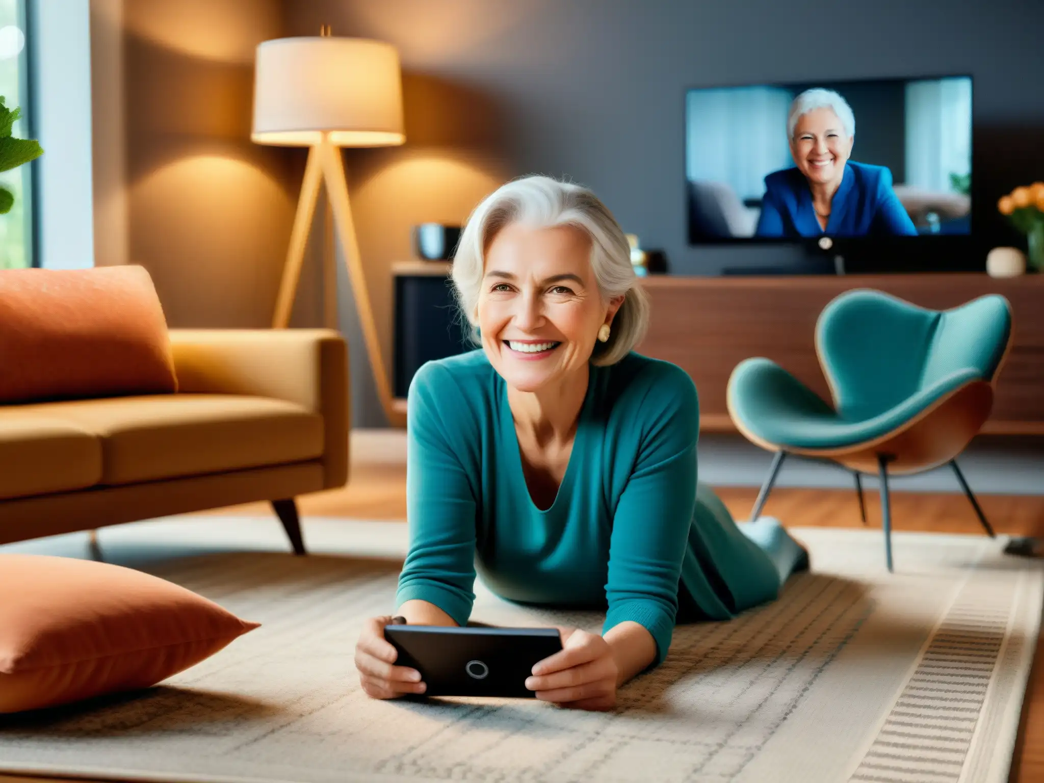 Conexión intergeneracional: Abuela sonriente en video llamada Una mujer mayor sonríe mientras participa en una videollamada con sus nietos, rodeada de tecnología moderna en una sala cálida