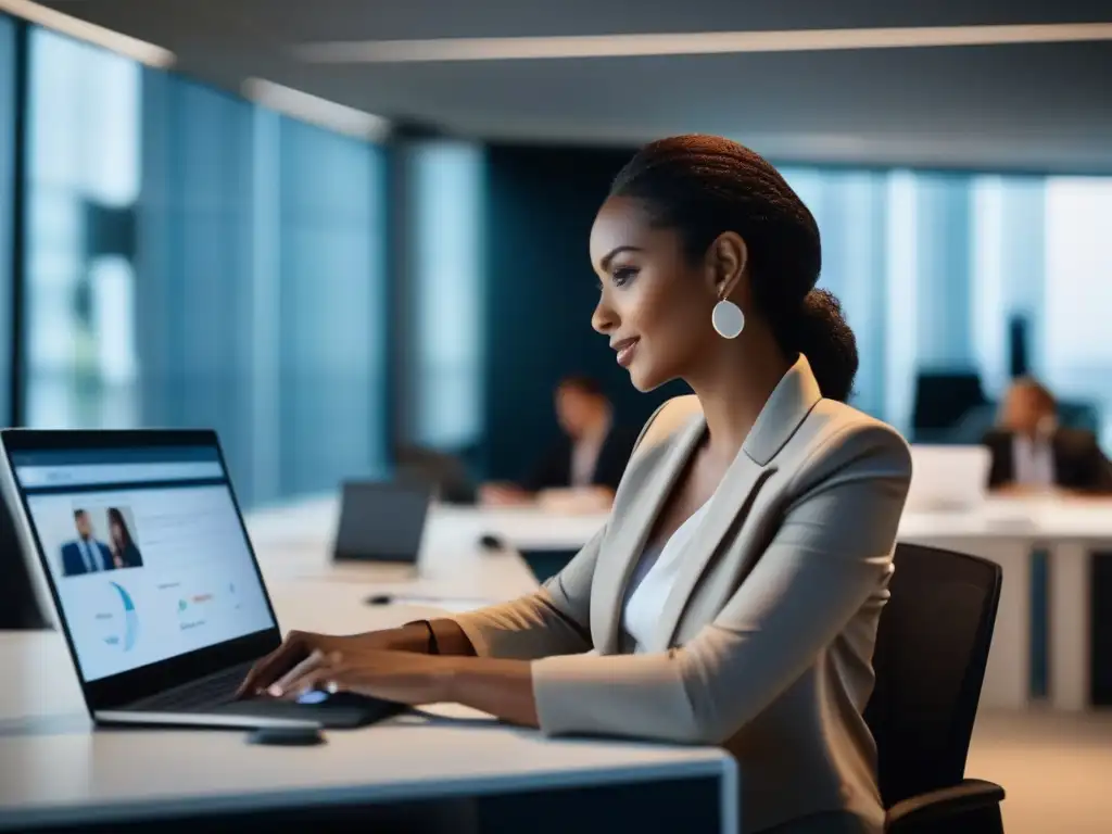 Profesional multitarea: mujer en videoconferencia Una mujer gestiona multitarea en videoconferencias, atendiendo múltiples pantallas y tareas en una oficina moderna y bien iluminada
