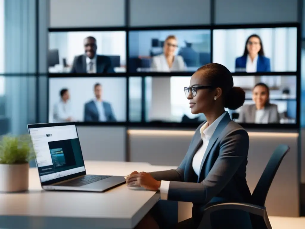 Profesional multitarea: mujer en videoconferencia Una mujer gestiona multitareas en videoconferencias desde su moderna oficina, mostrando eficiencia y profesionalismo