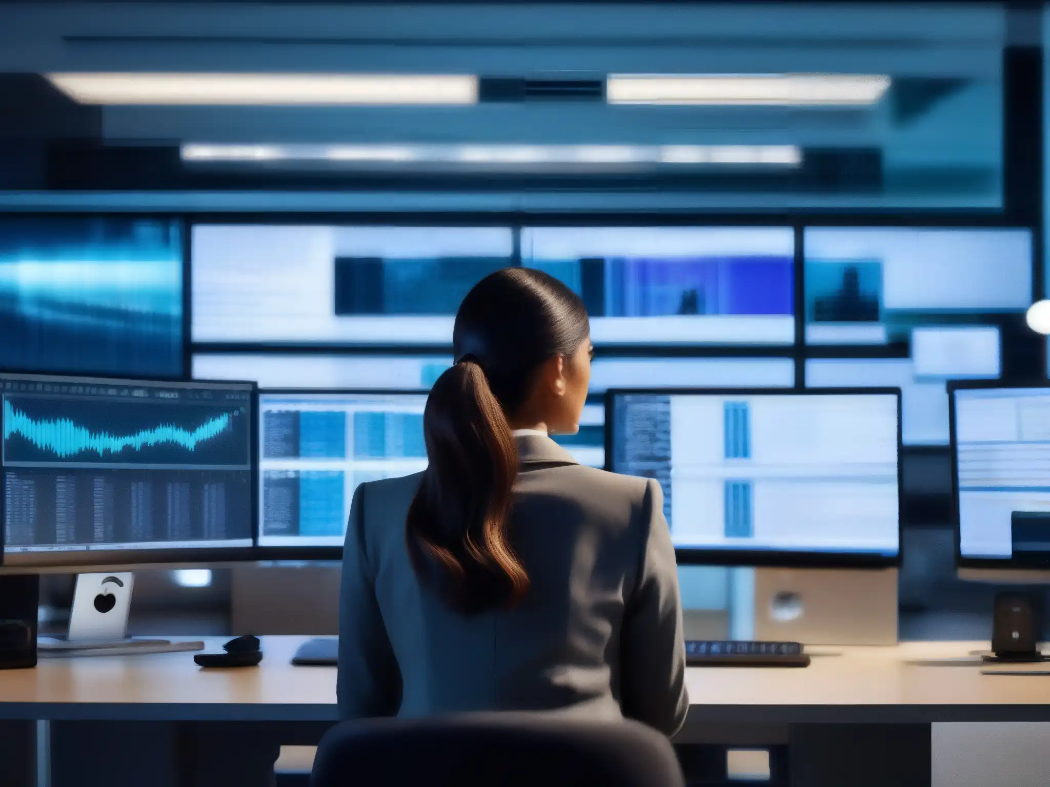 Desafíos de videoconferencias en la oficina moderna Mujer profesional estresada intentando gestionar videoconferencias en un entorno tecnológico caótico