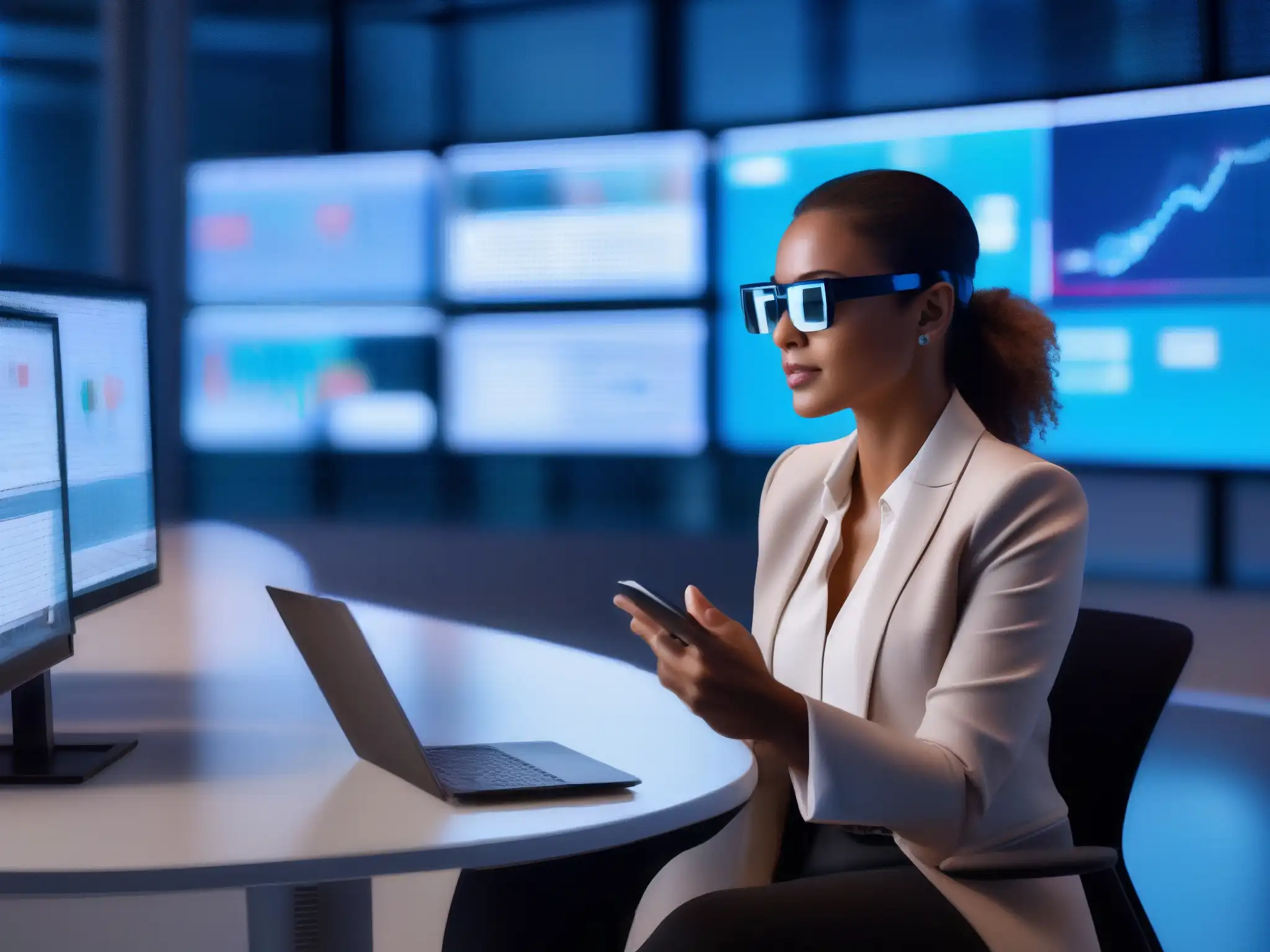 Profesional con gafas de realidad aumentada en oficina futurista Una mujer profesional usa gafas de realidad aumentada en una oficina moderna, interactuando con hologramas de datos