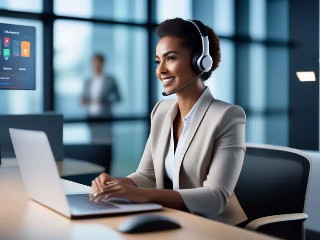 Moderadora de reuniones virtuales en una oficina moderna Una mujer profesional usa herramientas de moderación en videoconferencias para liderar una reunión virtual en una oficina moderna y elegante
