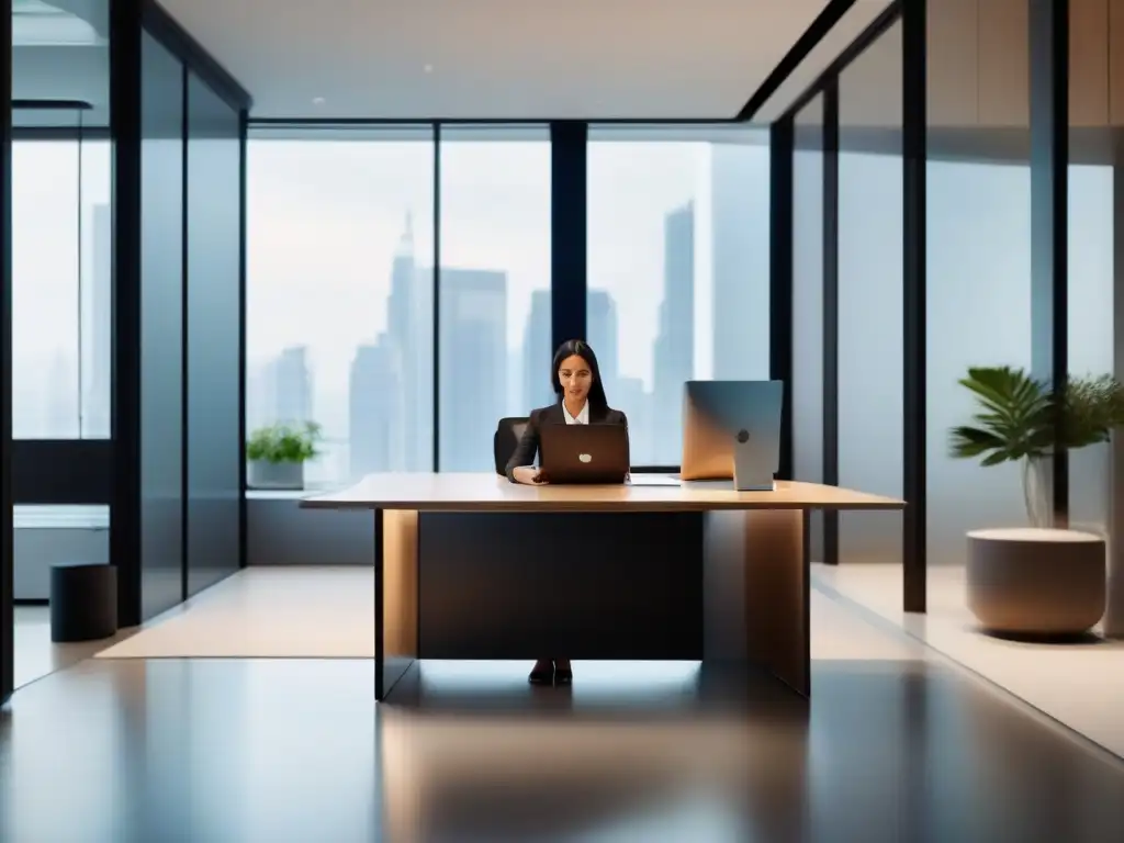Profesional multitarea en oficina moderna Una mujer profesional realiza gestión multitarea en videoconferencias en una oficina moderna y luminosa, mostrando eficiencia y productividad