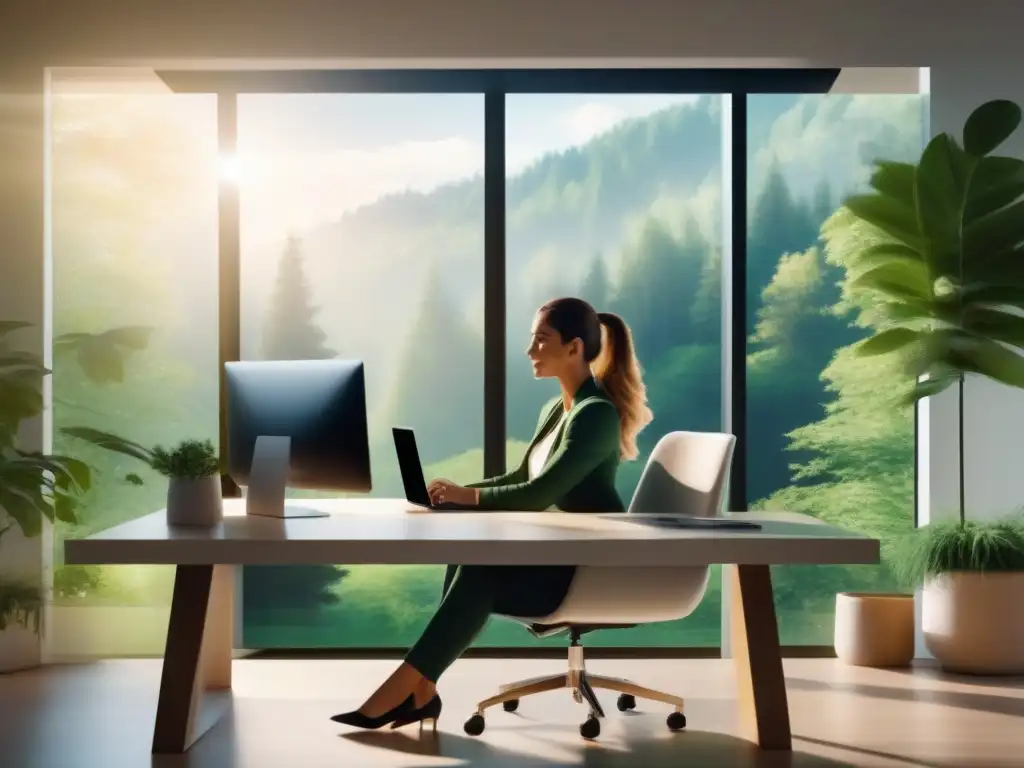 Profesional en videoconferencia con fondo virtual de naturaleza Una mujer profesional en una oficina en casa, con fondo virtual de naturaleza