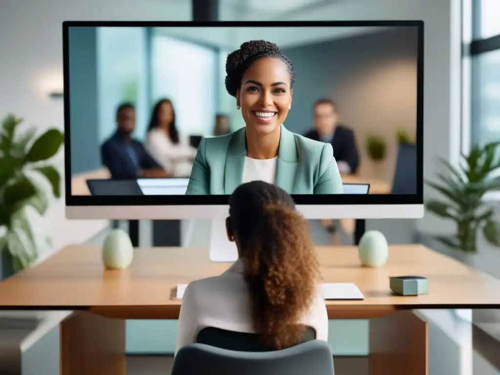 Mujer profesional lidera reunión virtual con WhatsApp Business Una mujer profesional se integra a la perfección entre WhatsApp Business y plataformas de videoconferencia en un moderno entorno de oficina