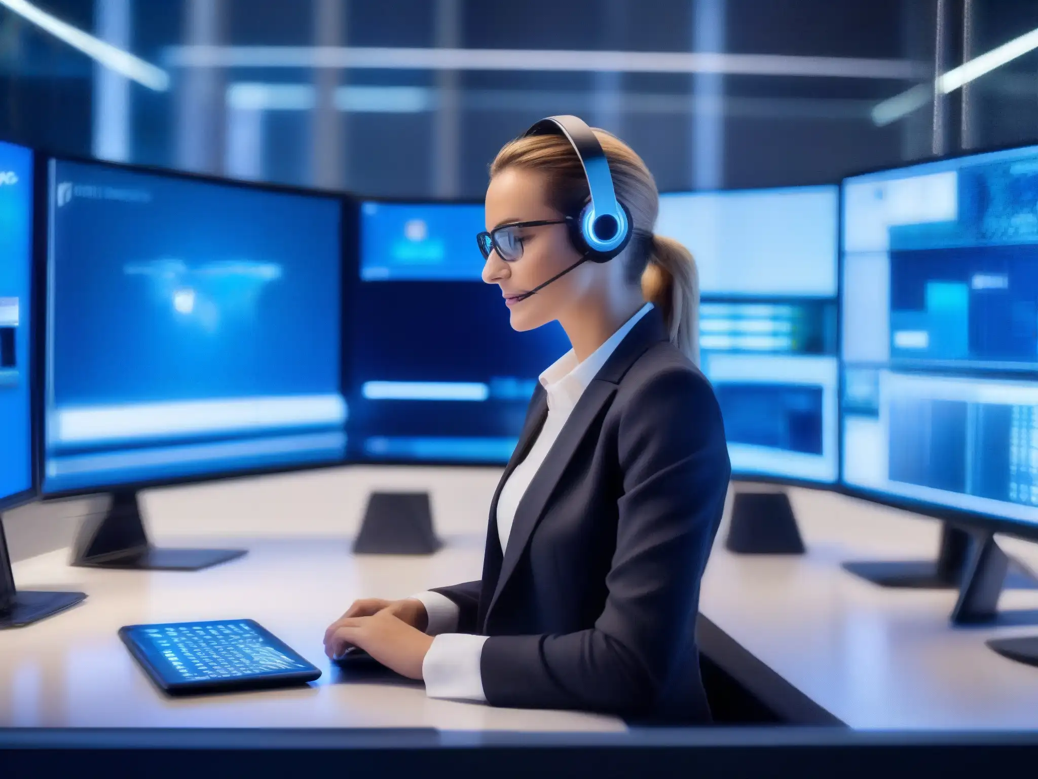 Conferencia virtual segura en oficina futurista Una mujer profesional configura una reunión virtual segura en una oficina moderna y brillante con tecnología de seguridad avanzada