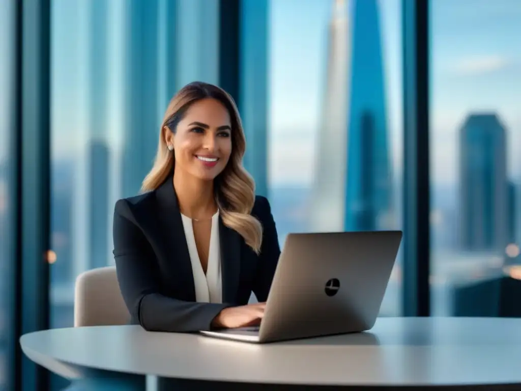 Mujer profesional en entrevista online por Skype en oficina moderna Una mujer profesional usando Skype en una oficina moderna y luminosa para una entrevista online