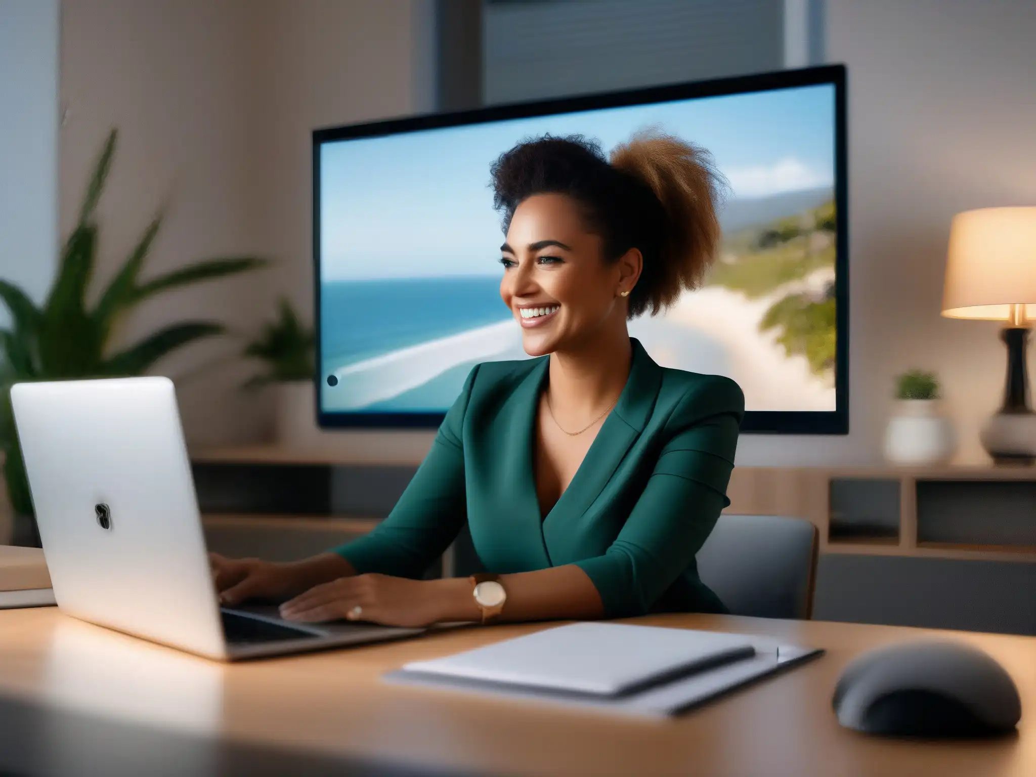 Mujer profesional en videoconferencia con fondo virtual de playa Una mujer profesional sonriente en videoconferencia, rodeada de un fondo virtual de playa
