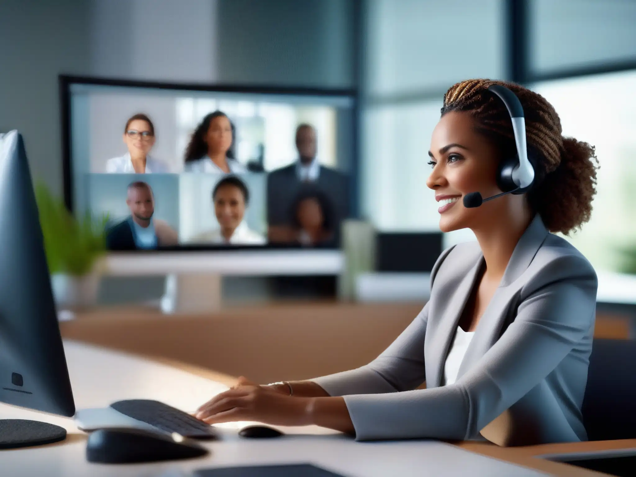 Videoconferencia profesional en oficina moderna Una mujer profesional participa en una videoconferencia con colegas diversos en una oficina moderna y luminosa
