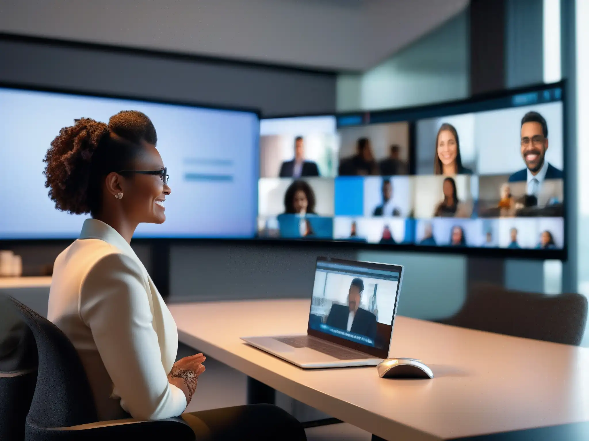 Conferencia virtual líder en inteligencia artificial Una mujer profesional lidera una videoconferencia eficiente con tecnología AI en una sala moderna y luminosa