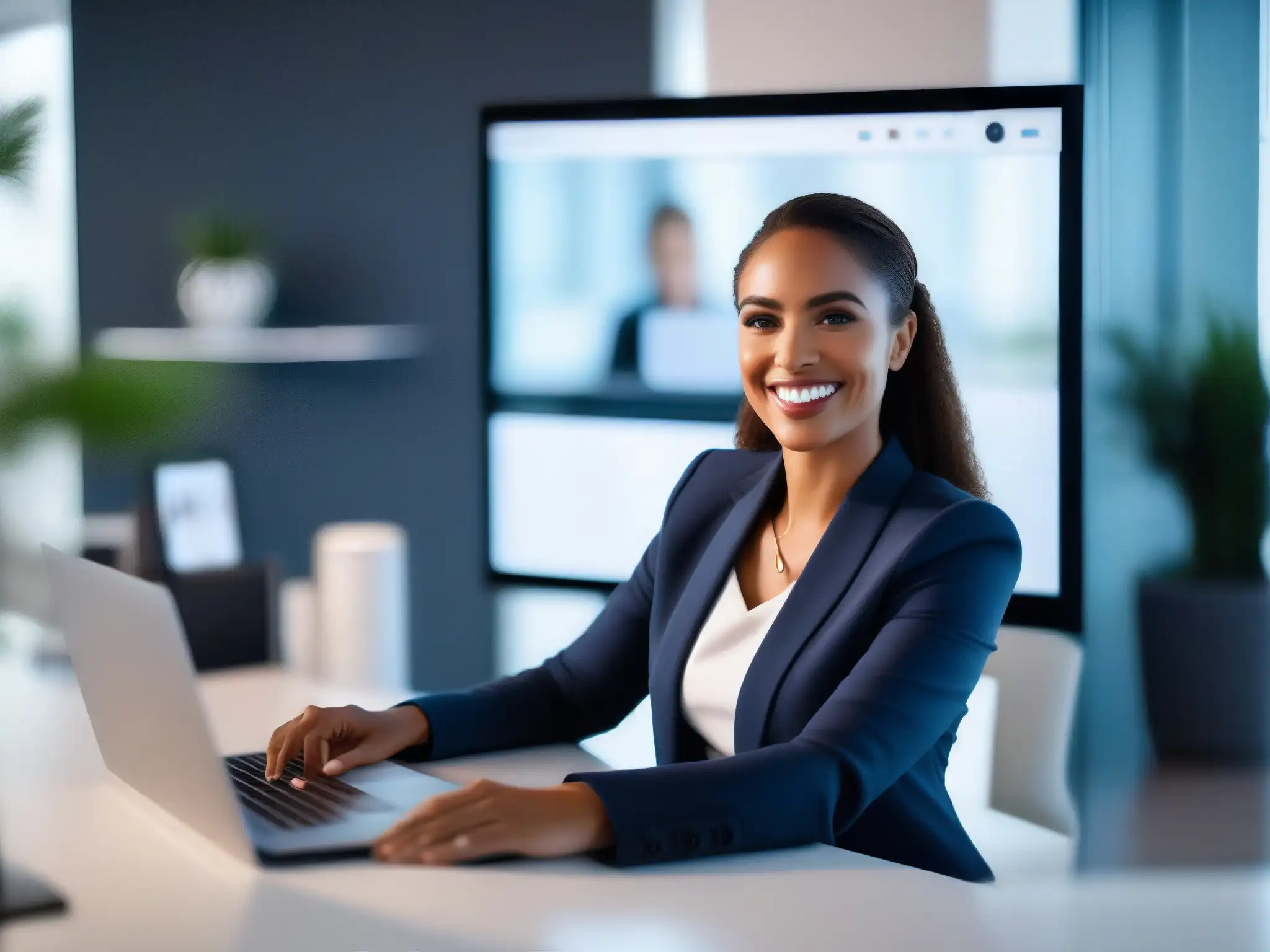 Profesional en videoconferencia con fondo virtual Una mujer profesional participa en una videoconferencia con un fondo virtual personalizado, reflejando profesionalismo y marca personal